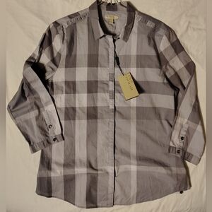 Burberry Brit Authentic Pale Grey Checkered Button Down Women's Shirt SZ XL NWT